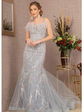 Clearance Silver Size XL Sequin Mermaid Evening Dress with Feather Trim GL3117